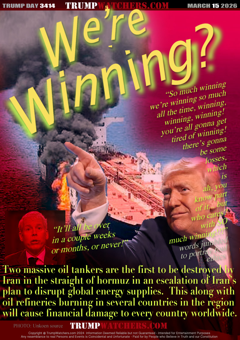 Two massive oil tankers are the first to be destroyed by
Iran in the straight of hormuz in an escalation of Iran’s
plan to disrupt global energy supplies.  This along with
oil refineries burning in several countries in the region
will cause financial damage to every country worldwide.

Chris Wright 
